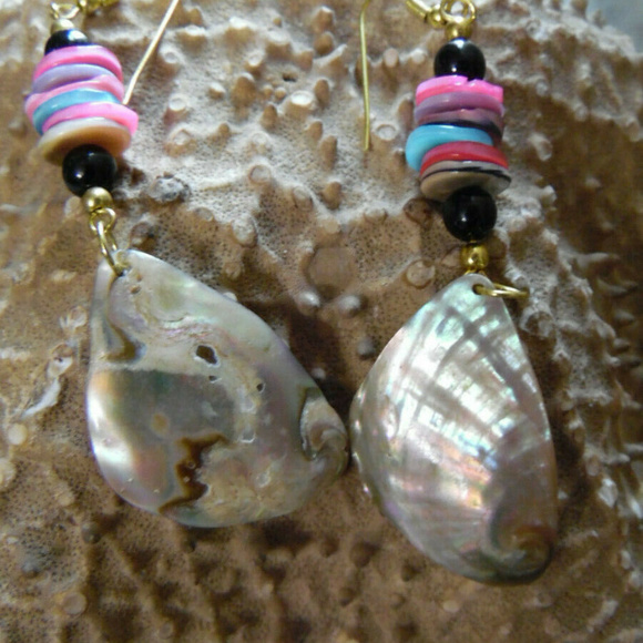 NEW~ABALONE~80'S~GOLD~STAINLESS~DANGLE EARRINGS - Picture 6 of 7